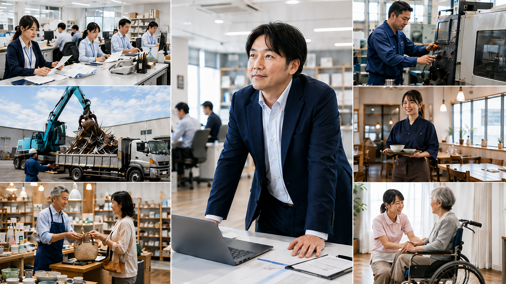 オフィス、工場、店舗、介護など様々な現場で働く人々